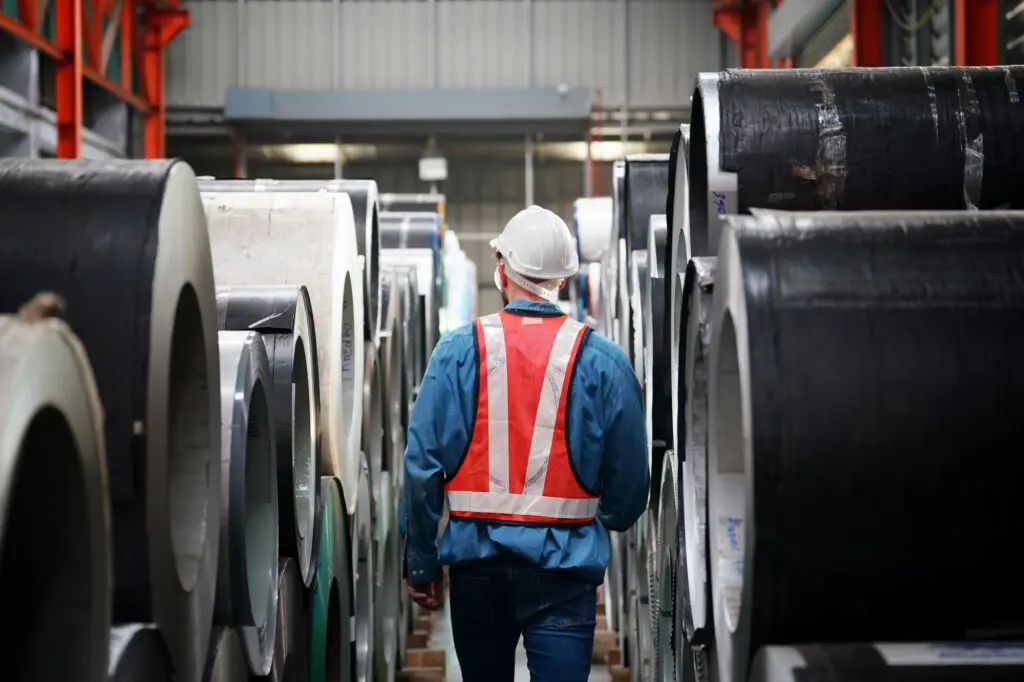 Inside a factory, real view of industrial worker walking by metal sheet roll steel in warehouse