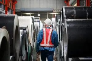 Inside a factory, real view of industrial worker walking by metal sheet roll steel in warehouse