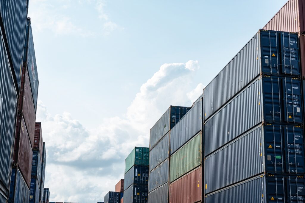 Background of container box stack for freight cargo shipping