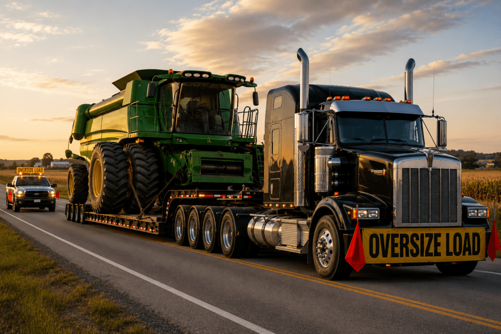 Oversized load transport with escort vehicle and heavy haul freight trailer