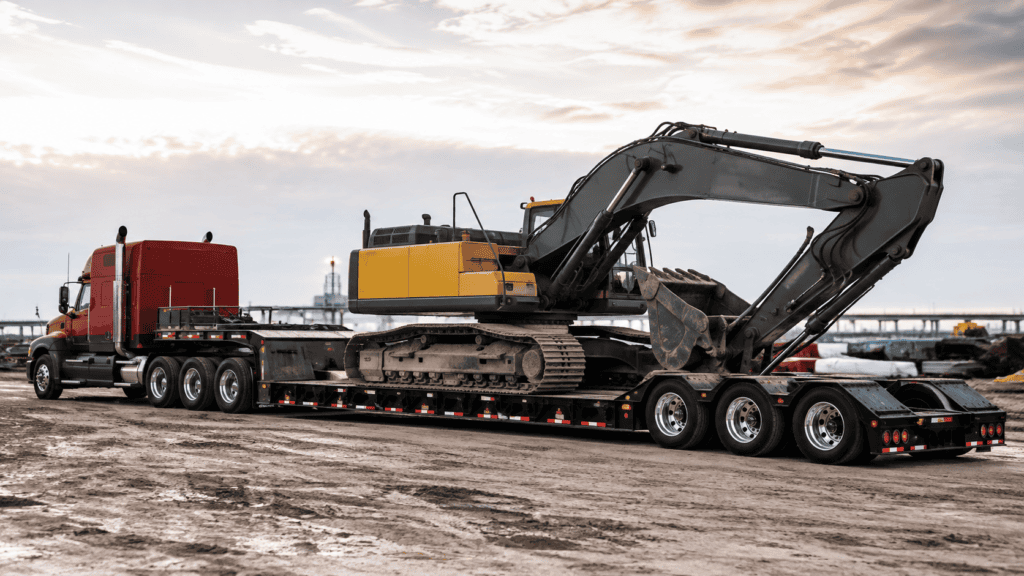RGN trailer transporting a large excavator for heavy haul and oversized freight shipping