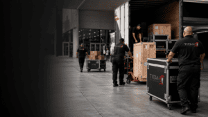 Titan transline crew working for tradeshow offloading boxes from the trailer