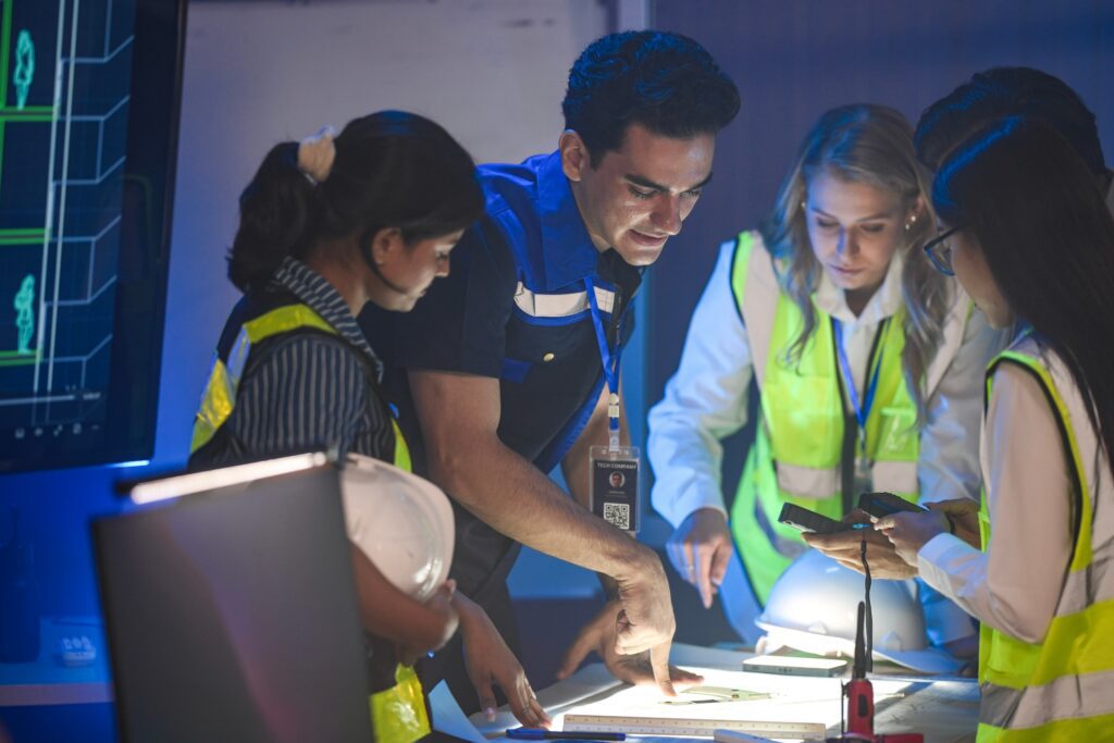Logistics team in safety vests reviewing delivery plans and shipment details at an event setup site.