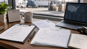 Trucking terms and freight paperwork on a logistics desk
